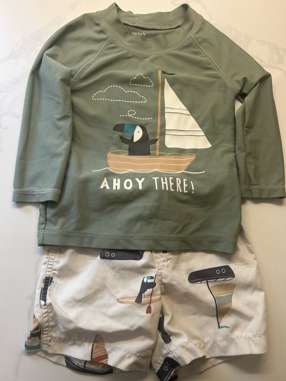 Carter's Olive Green Long-Sleeve Swim Shirt with Matching Swim Shorts